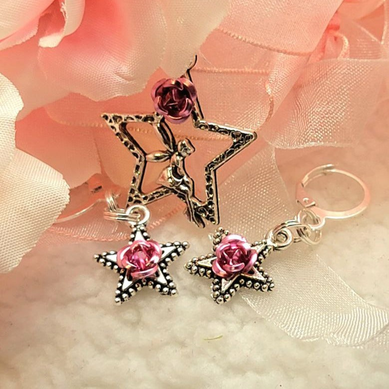 Cute Fairy and Silver Star Necklace and Earring Set, Whimsical Fairy Jewelry Set