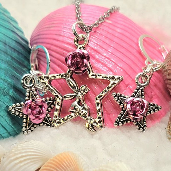 Cute Fairy and Silver Star Necklace and Earring Set, Whimsical Fairy Jewelry Set