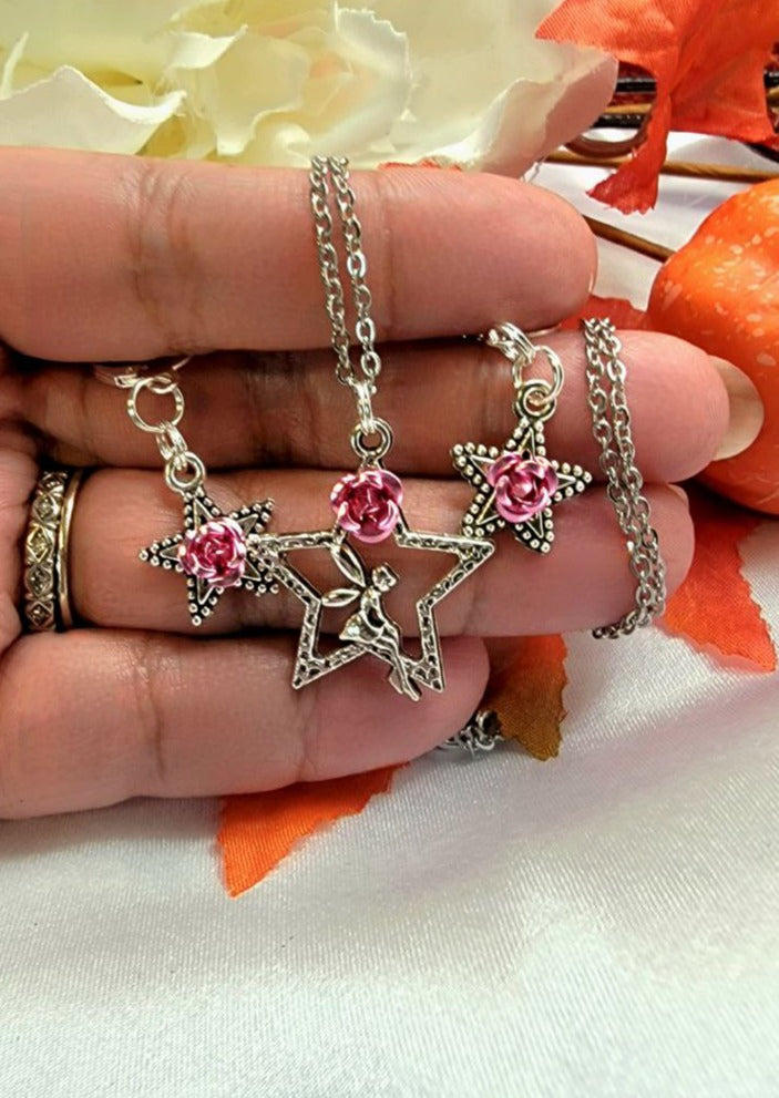 Cute Fairy and Silver Star Necklace and Earring Set, Whimsical Fairy Jewelry Set