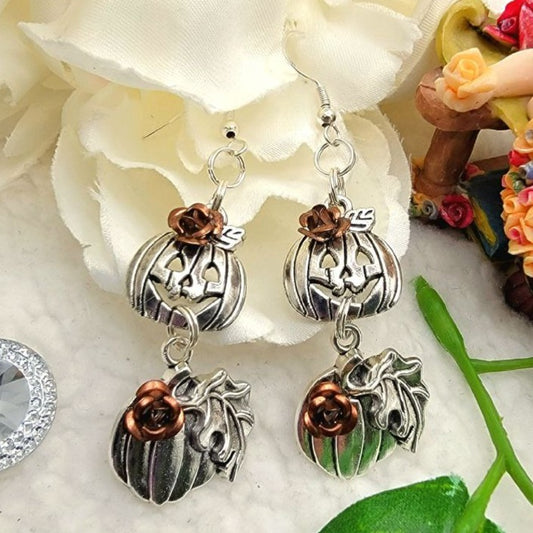 Small Fall Pumpkin and Jack O Lantern Earring, Elegant Autumn Drop, Plant Themed Charms, Harvest Time Dangle, Thanksgiving Jewelry