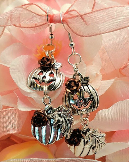 Small Fall Pumpkin and Jack O Lantern Earring, Elegant Autumn Drop, Plant Themed Charms, Harvest Time Dangle, Thanksgiving Jewelry