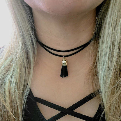 Double Layered Mini-Black Tassel Choker, Elegant Minimalist Design Necklace