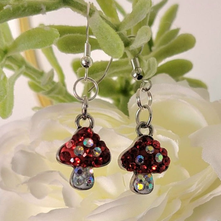 Fantasy Mushroom Earrings, Glistening Red & White Dangle, Whimsical Rhinestone Pendant