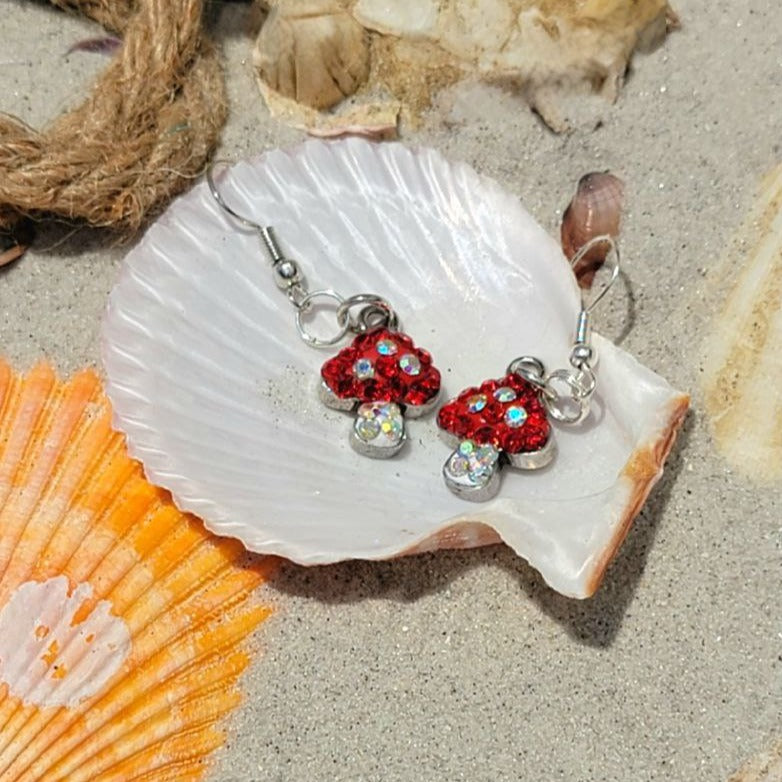 Fantasy Mushroom Earrings, Glistening Red & White Dangle, Whimsical Rhinestone Pendant