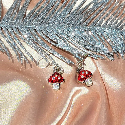 Fantasy Mushroom Earrings, Glistening Red & White Dangle, Whimsical Rhinestone Pendant