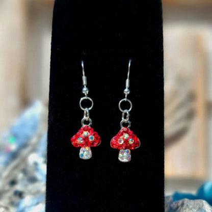 Fantasy Mushroom Earrings, Glistening Red & White Dangle, Whimsical Rhinestone Pendant