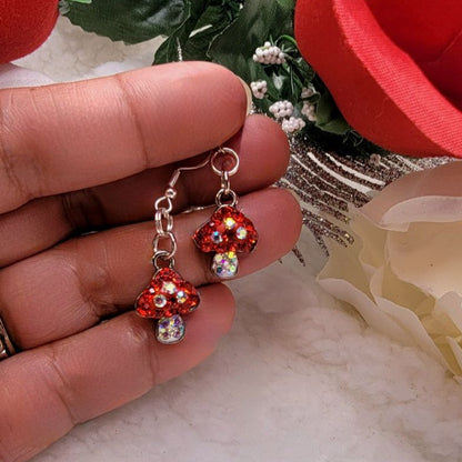 Fantasy Mushroom Earrings, Glistening Red & White Dangle, Whimsical Rhinestone Pendant