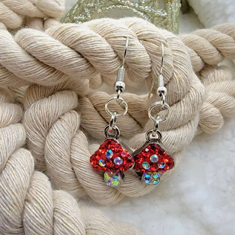 Fantasy Mushroom Earrings, Glistening Red & White Dangle, Whimsical Rhinestone Pendant