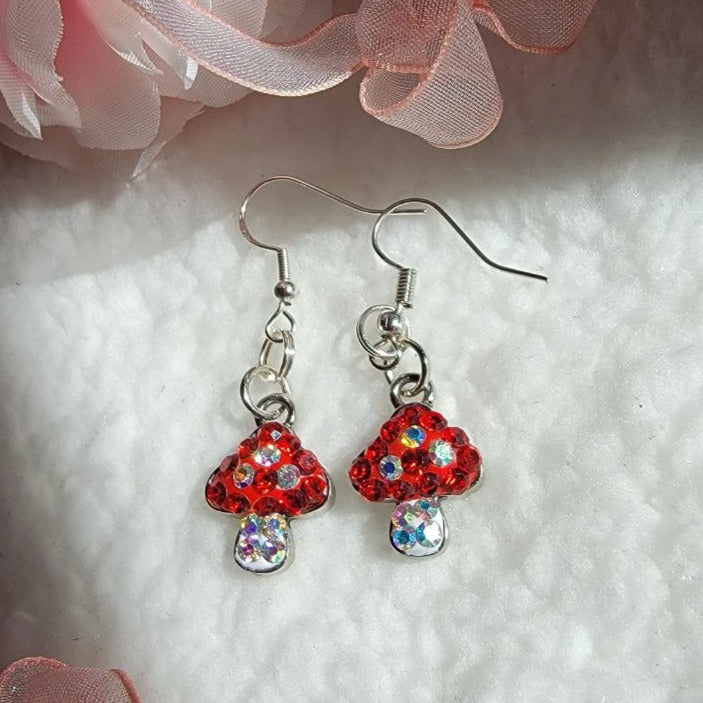 Fantasy Mushroom Earrings, Glistening Red & White Dangle, Whimsical Rhinestone Pendant