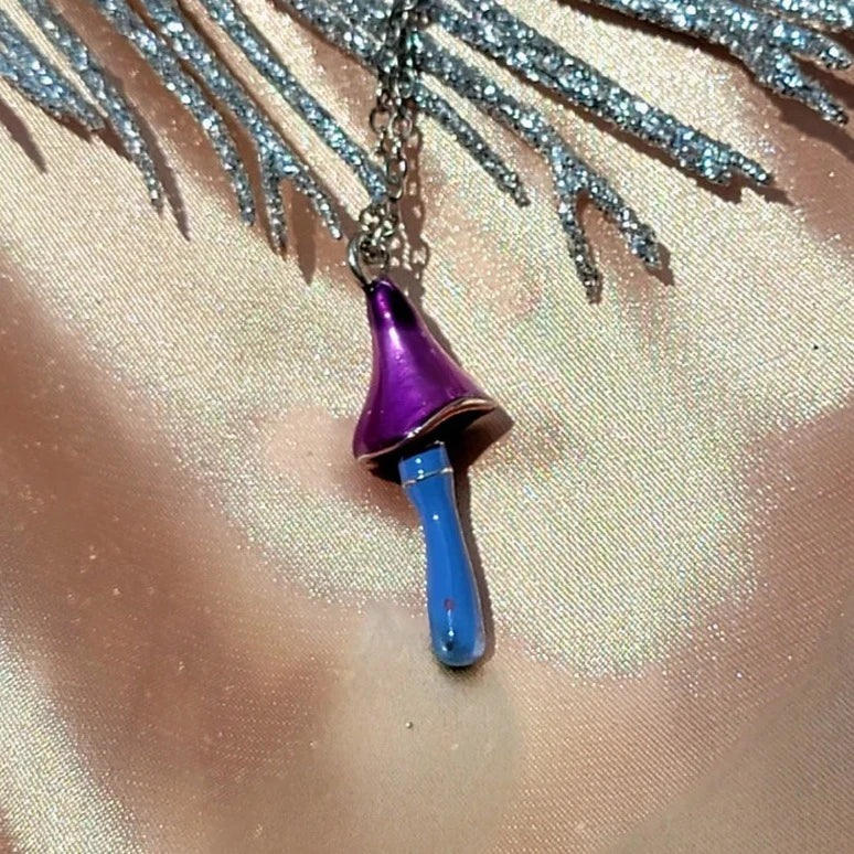 Enchanted Mushroom Design Necklace, Purple Fairy Tale Pendant