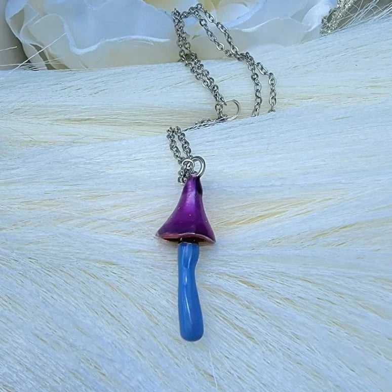 Enchanted Mushroom Design Necklace, Purple Fairy Tale Pendant