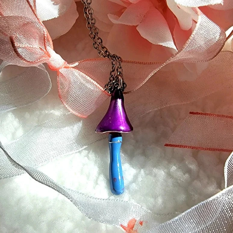 Enchanted Mushroom Design Necklace, Purple Fairy Tale Pendant