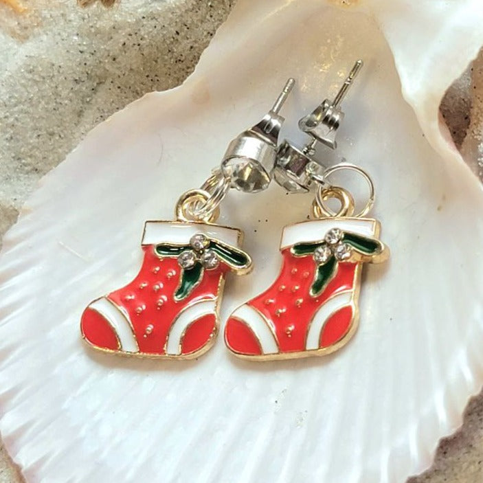 Festive Red Christmas Stocking Earring, Traditional Holiday Dangle