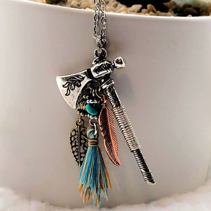 Silver Battle Hatchet Necklace, Feather & Tassel Pendant, Miniature Viking Axe