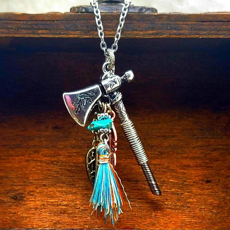 Silver Battle Hatchet Necklace, Feather & Tassel Pendant, Miniature Viking Axe