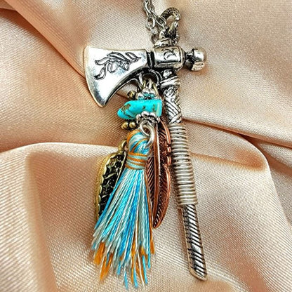 Silver Battle Hatchet Necklace, Feather & Tassel Pendant, Miniature Viking Axe