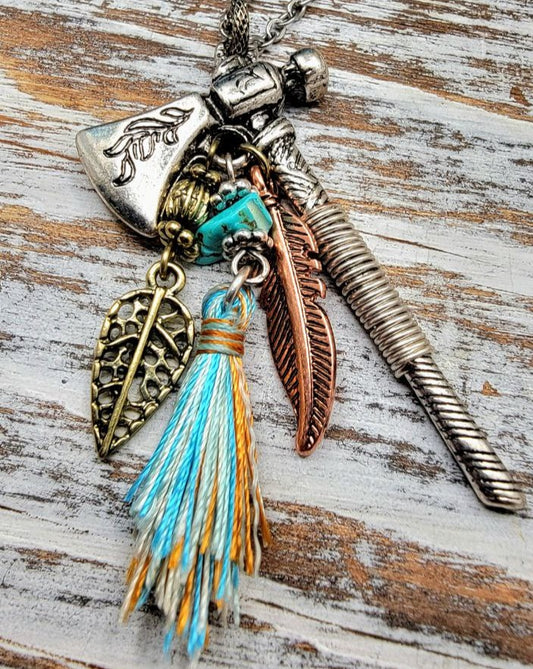 Silver Battle Hatchet Necklace, Feather & Tassel Pendant, Miniature Viking Axe