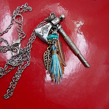 Silver Battle Hatchet Necklace, Feather & Tassel Pendant, Miniature Viking Axe