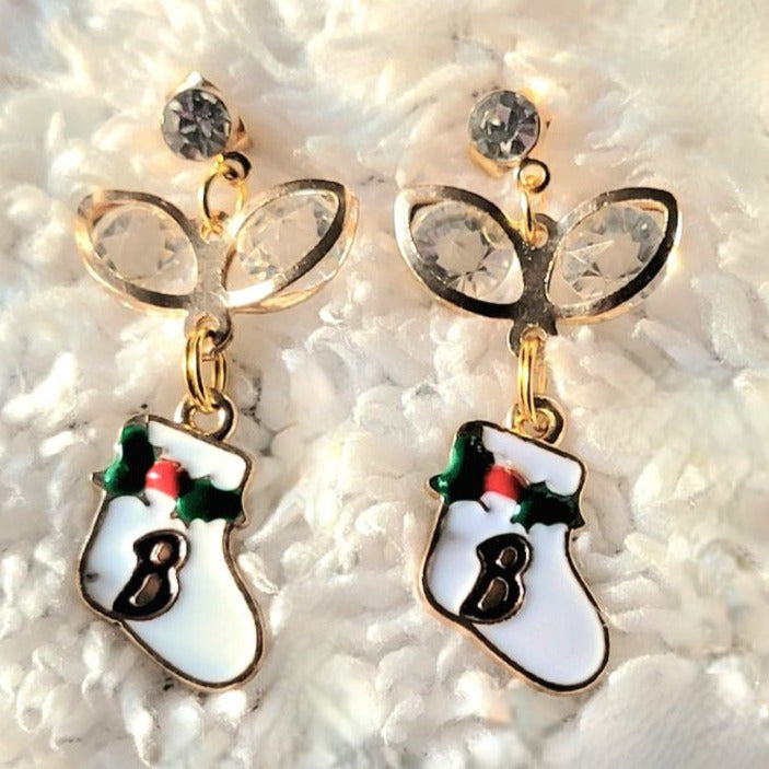 White Christmas Stocking Earring, Women's Holiday Dangle, Seasonal Fashion Jewelry, Unique Winter Charm, Handmade Holiday Accessory