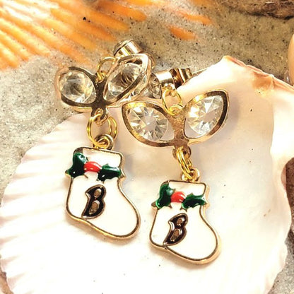 White Christmas Stocking Earring, Women's Holiday Dangle, Seasonal Fashion Jewelry, Unique Winter Charm, Handmade Holiday Accessory