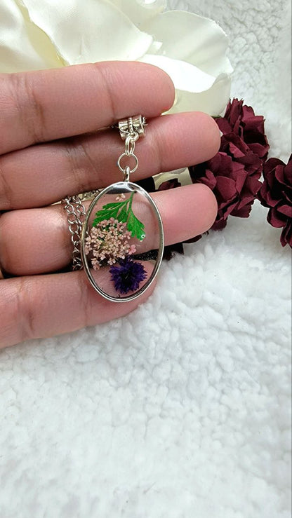 Dark Purple Carnation Bud Necklace, Naturally-Preserved Flower Pendant Jewelry