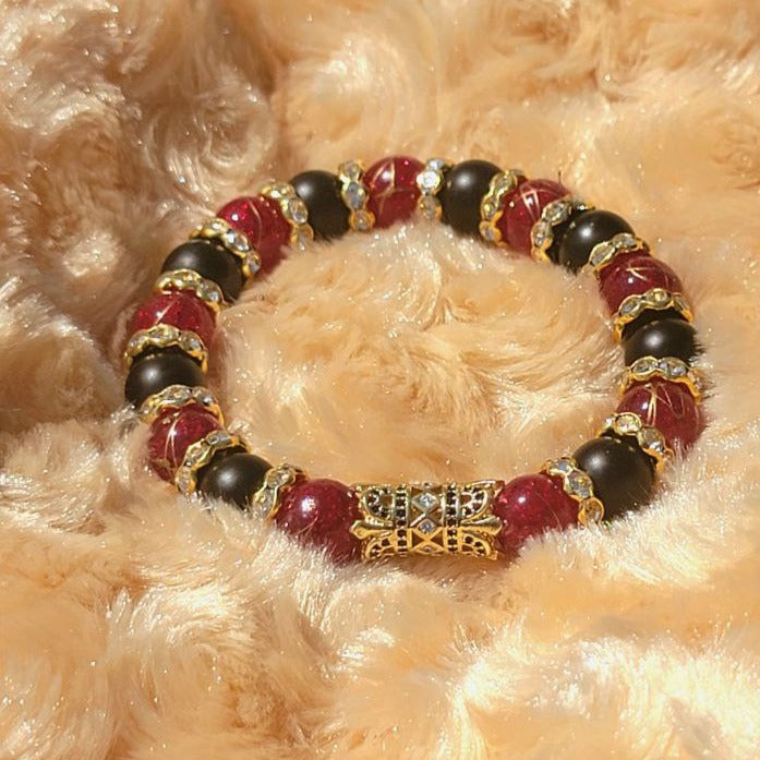 Dark Red Crystal & Black Onyx Beaded Bracelet, Natural Agate Jewelry