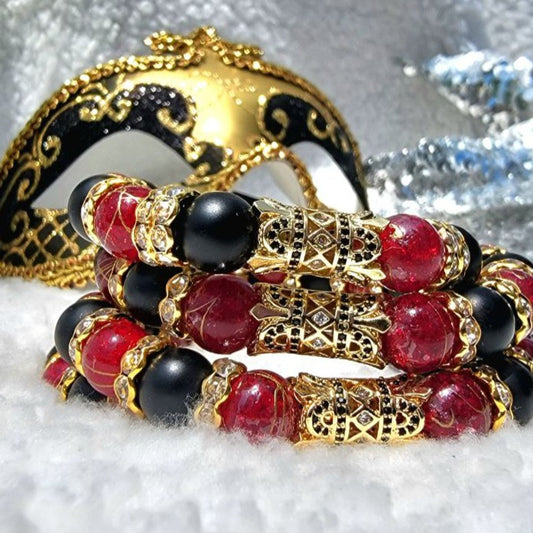 Dark Red Crystal & Black Onyx Beaded Bracelet, Natural Agate Jewelry