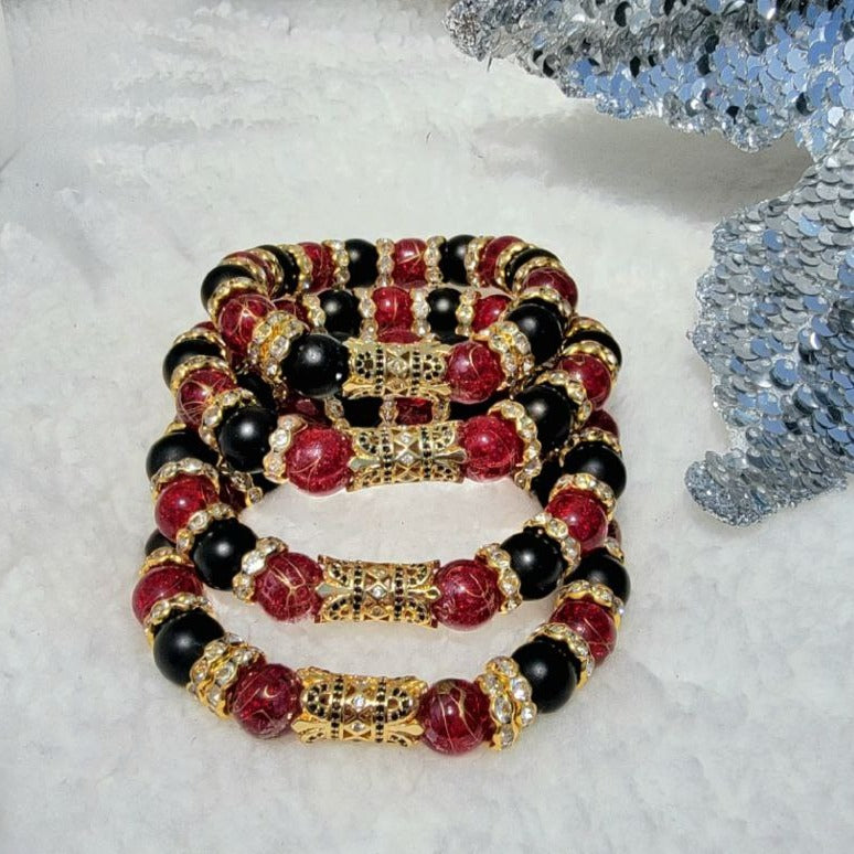 Dark Red Crystal & Black Onyx Beaded Bracelet, Natural Agate Jewelry