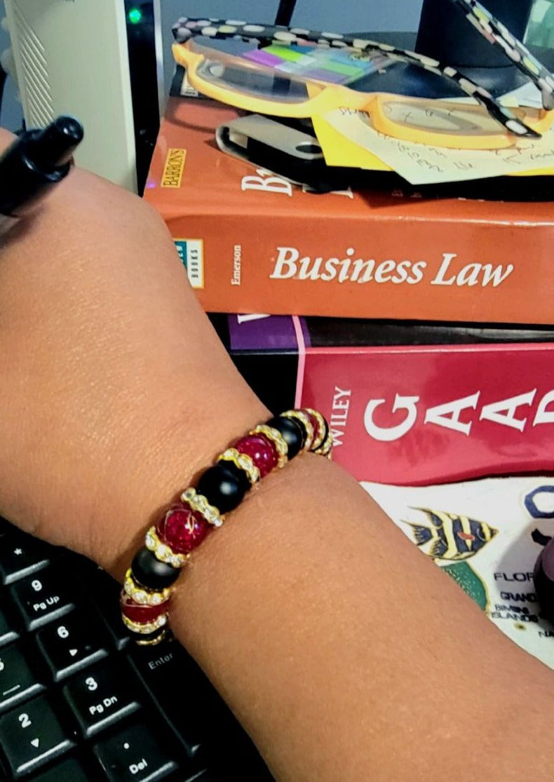 Dark Red Crystal & Black Onyx Beaded Bracelet, Natural Agate Jewelry