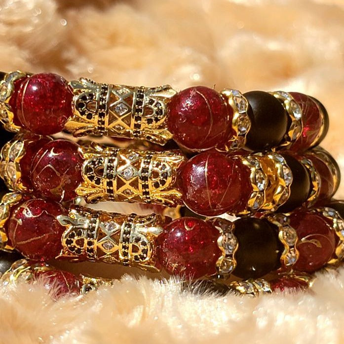 Dark Red Crystal & Black Onyx Beaded Bracelet, Natural Agate Jewelry