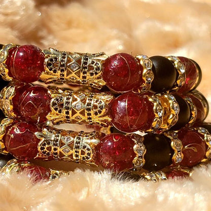 Dark Red Crystal & Black Onyx Beaded Bracelet, Natural Agate Jewelry