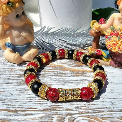 Dark Red Crystal & Black Onyx Beaded Bracelet, Natural Agate Jewelry