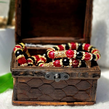 Dark Red Crystal & Black Onyx Beaded Bracelet, Natural Agate Jewelry