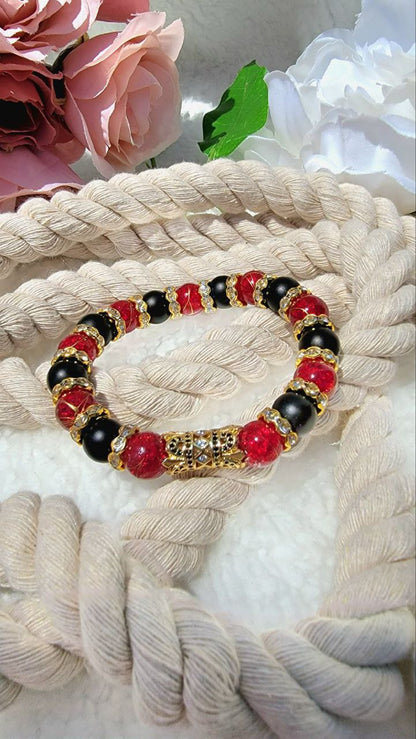 Dark Red Crystal & Black Onyx Beaded Bracelet, Natural Agate Jewelry