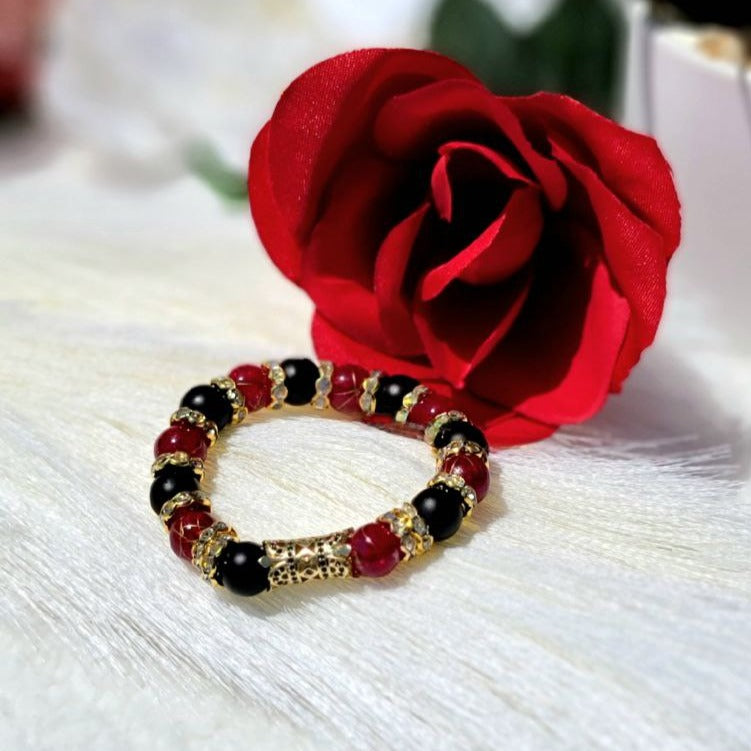 Dark Red Crystal & Black Onyx Beaded Bracelet, Natural Agate Jewelry