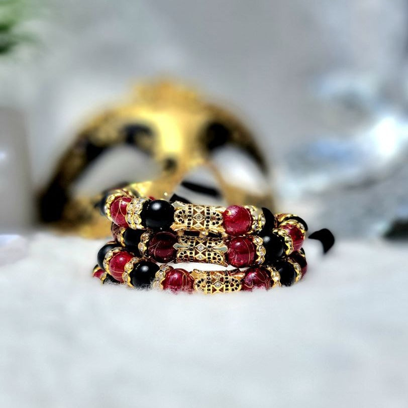 Dark Red Crystal & Black Onyx Beaded Bracelet, Natural Agate Jewelry