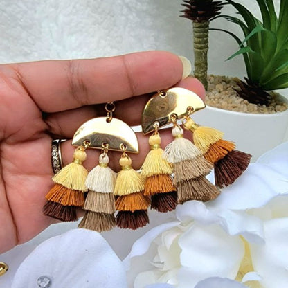 Earth Tone Tassel Earring, Neutral Tone Handcrafted Fabric Dangle, Bohemian Earthy Stylish Design