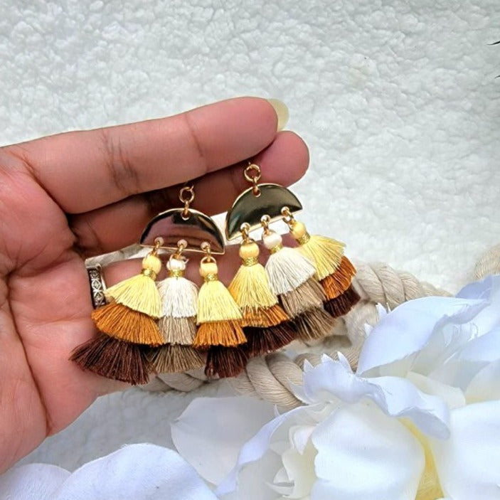 Earth Tone Tassel Earring, Neutral Tone Handcrafted Fabric Dangle, Bohemian Earthy Stylish Design