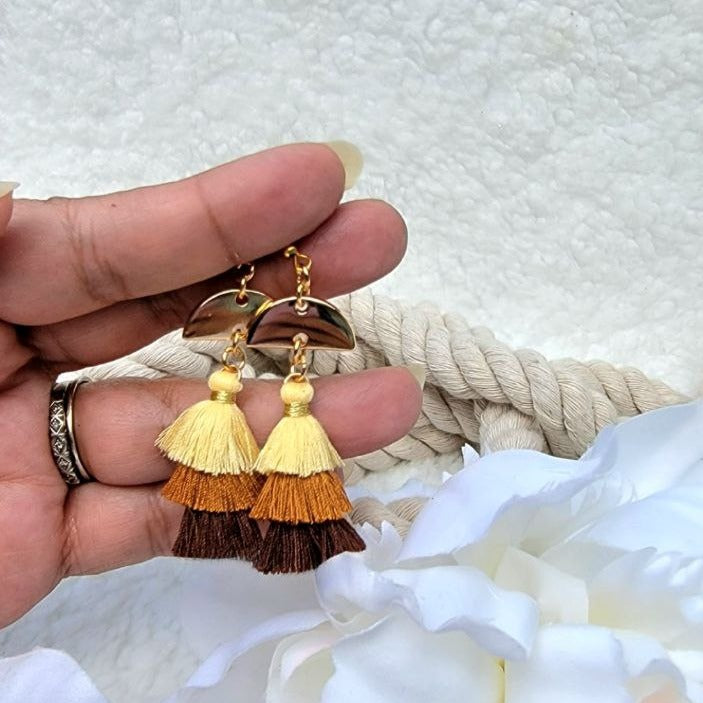 Earth Tone Tassel Earring, Neutral Tone Handcrafted Fabric Dangle, Bohemian Earthy Stylish Design