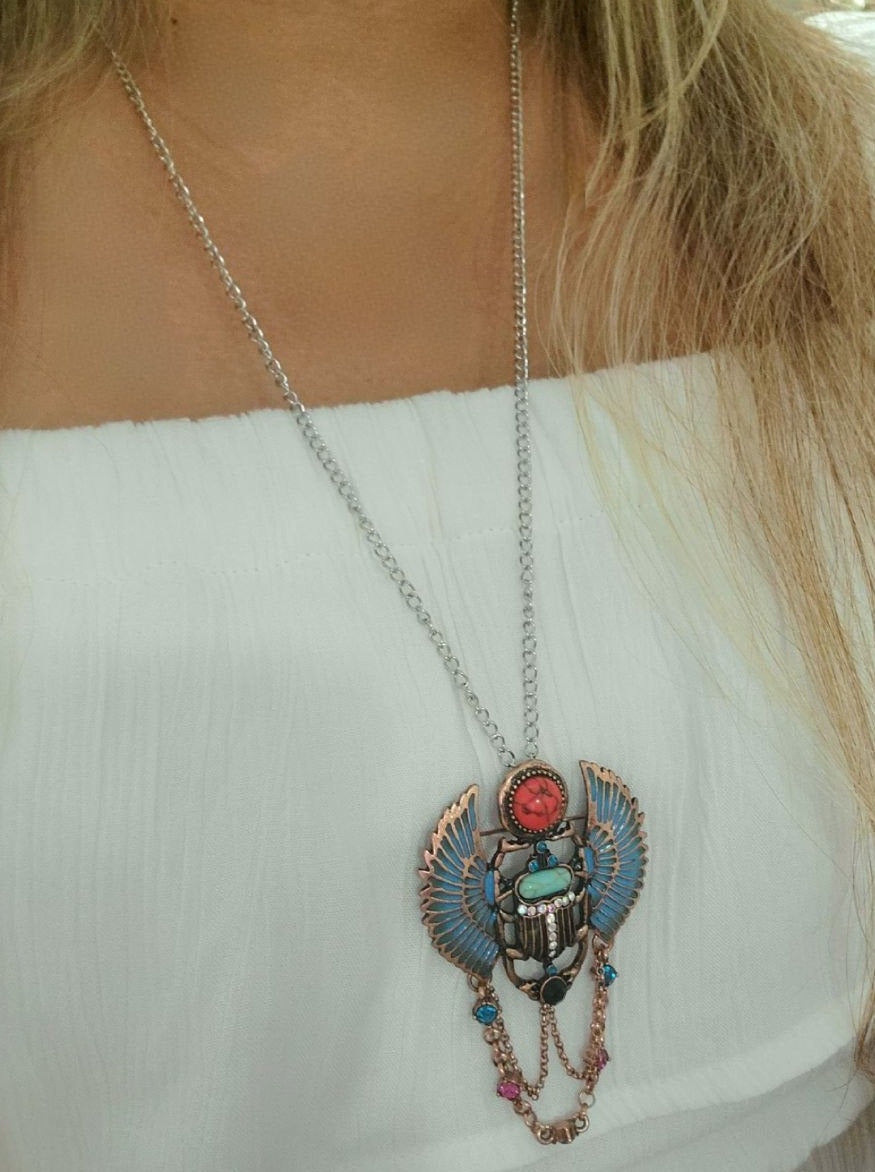 Blue Scarab Beetle Necklace & Brooch