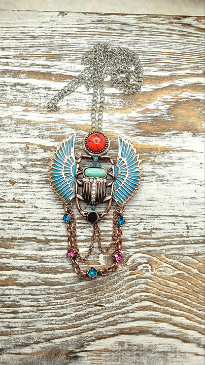 Blue Scarab Beetle Necklace & Brooch