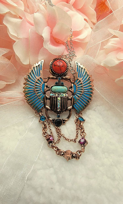 Blue Scarab Beetle Necklace & Brooch