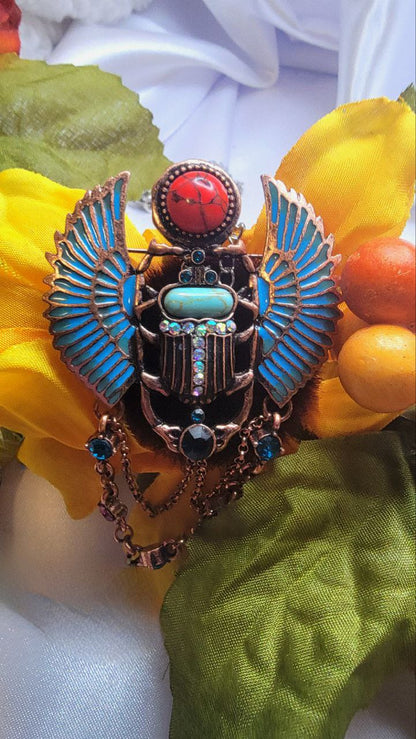 Blue Scarab Beetle Necklace & Brooch