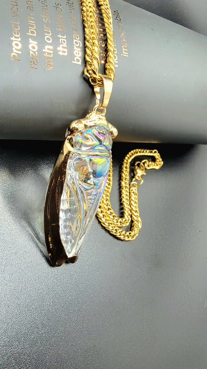 Golden Cicada Necklace in Egyptian Style, Iridescent Glass Pendant