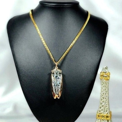 Golden Cicada Necklace in Egyptian Style, Iridescent Glass Pendant