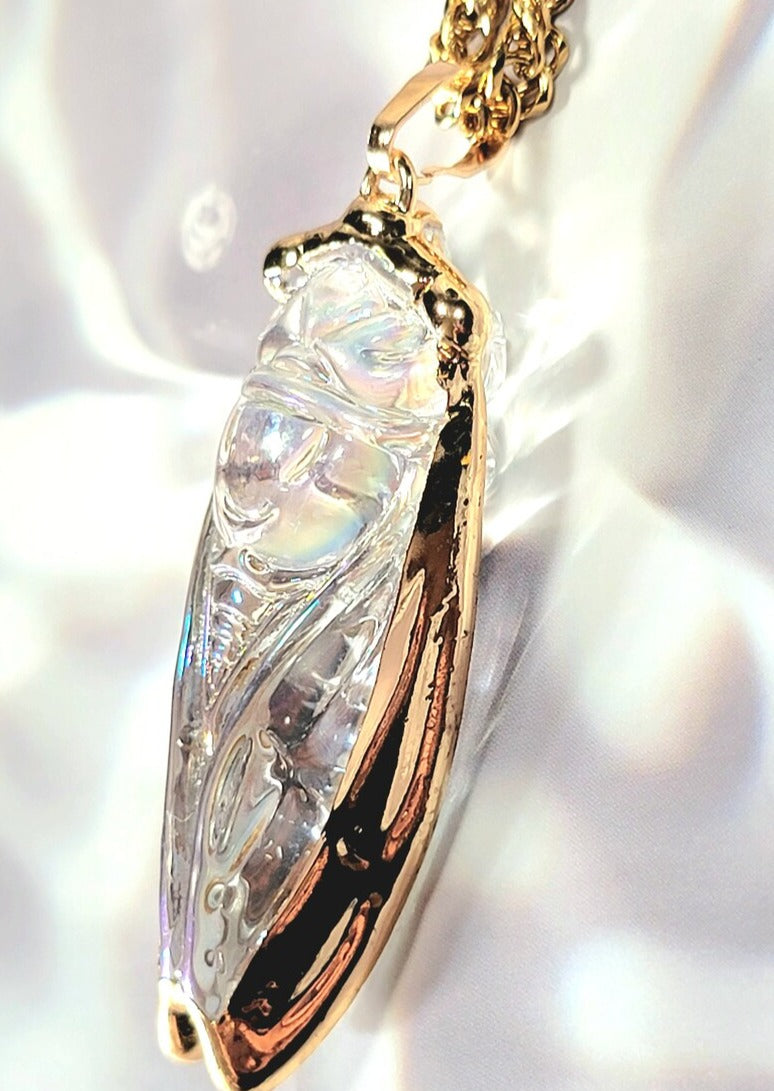 Golden Cicada Necklace in Egyptian Style, Iridescent Glass Pendant