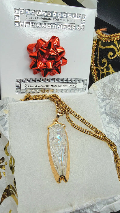 Golden Cicada Necklace in Egyptian Style, Iridescent Glass Pendant