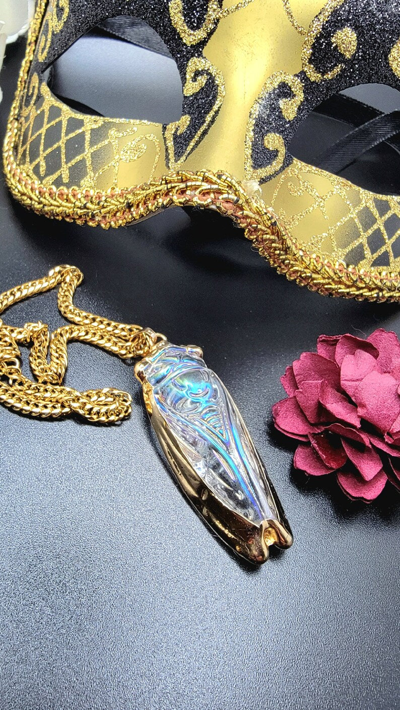 Golden Cicada Necklace in Egyptian Style, Iridescent Glass Pendant