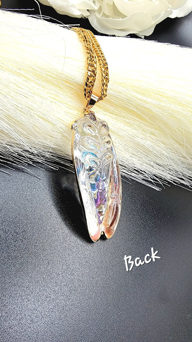 Golden Cicada Necklace in Egyptian Style, Iridescent Glass Pendant