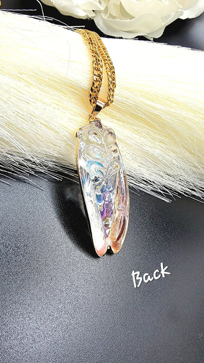 Golden Cicada Necklace in Egyptian Style, Iridescent Glass Pendant